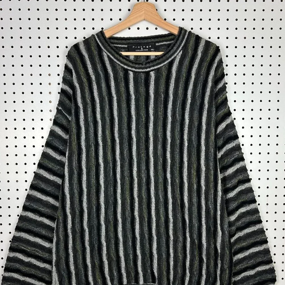 Protege 3D Coogi Style Knit‎ Sweater XL Green Black Biggie Striped Hip Hop 90s
